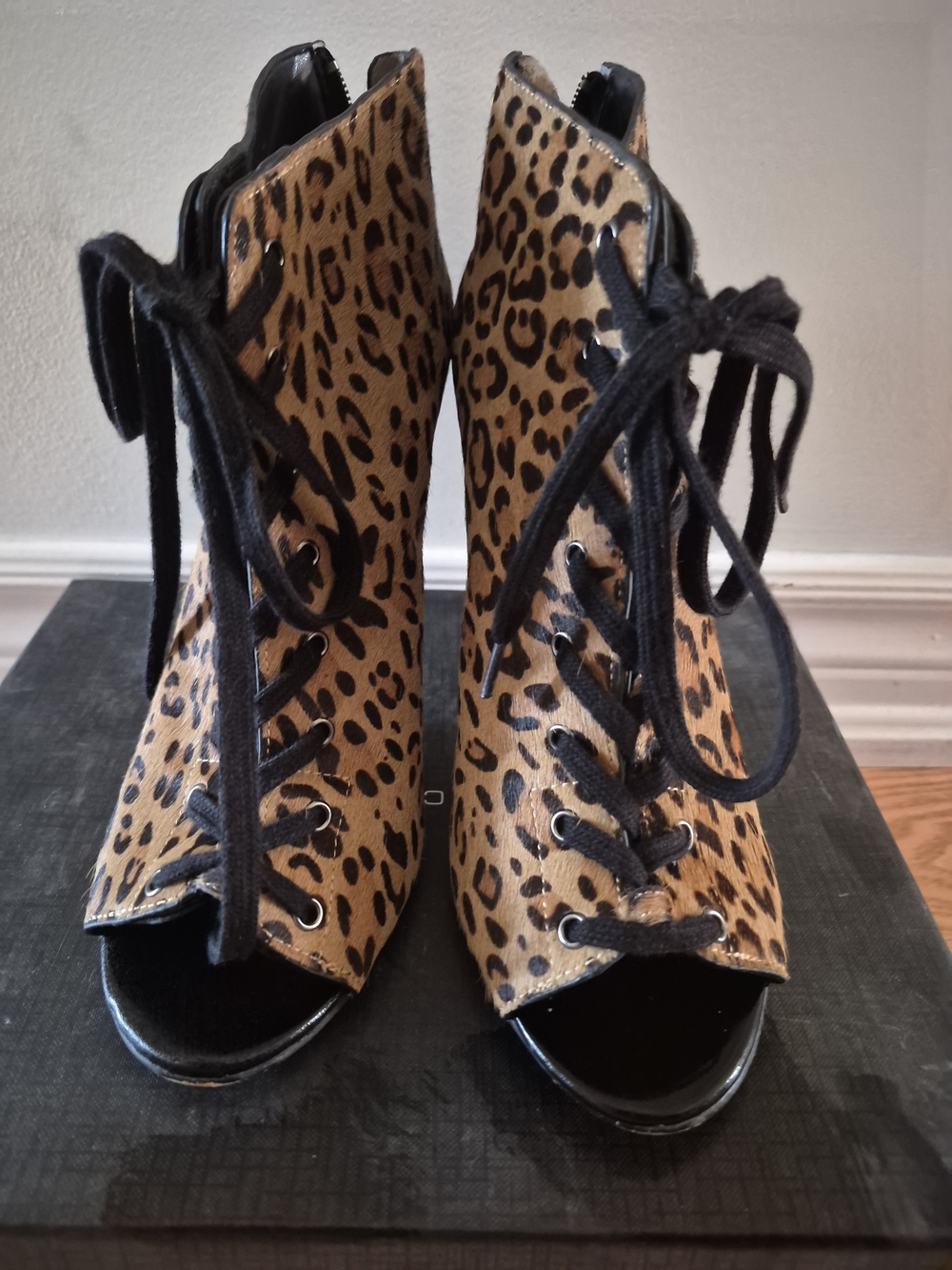 French Connection Leopard Print Lace-Up Peep Toe Ankle Boots - Brown and Black